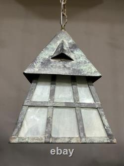 Antique Arts & Crafts Wrought Iron Mission Patina Hanging Pendant Lamp Lantern