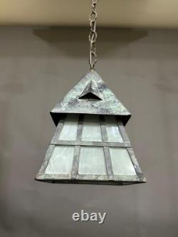 Antique Arts & Crafts Wrought Iron Mission Patina Hanging Pendant Lamp Lantern