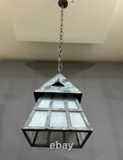Antique Arts & Crafts Wrought Iron Mission Patina Hanging Pendant Lamp Lantern
