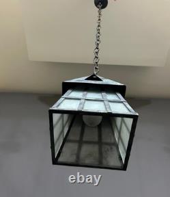 Antique Arts & Crafts Wrought Iron Mission Patina Hanging Pendant Lamp Lantern