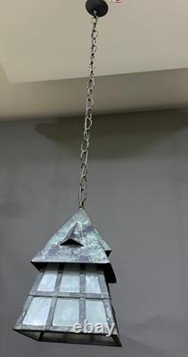 Antique Arts & Crafts Wrought Iron Mission Patina Hanging Pendant Lamp Lantern