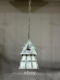 Antique Arts & Crafts Wrought Iron Mission Patina Hanging Pendant Lamp Lantern