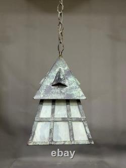 Antique Arts & Crafts Wrought Iron Mission Patina Hanging Pendant Lamp Lantern