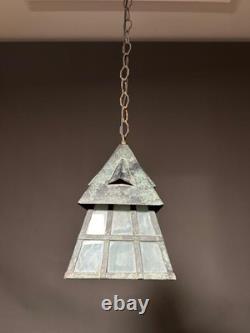 Antique Arts & Crafts Wrought Iron Mission Patina Hanging Pendant Lamp Lantern