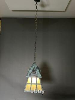 Antique Arts & Crafts Wrought Iron Mission Patina Hanging Pendant Lamp Lantern