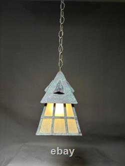 Antique Arts & Crafts Wrought Iron Mission Patina Hanging Pendant Lamp Lantern