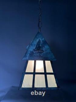 Antique Arts & Crafts Wrought Iron Mission Patina Hanging Pendant Lamp Lantern