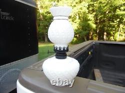 Antique Beaded Swirl Milk Glass Miniature Oil Lamp With Chimney / Gold Trim
