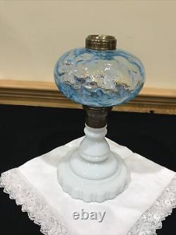 Antique Blue Opalescent Daisy Fern Kerosene Oil Stand Lamp Jefferson Northwood