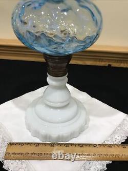 Antique Blue Opalescent Daisy Fern Kerosene Oil Stand Lamp Jefferson Northwood