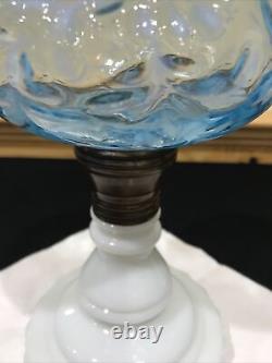 Antique Blue Opalescent Daisy Fern Kerosene Oil Stand Lamp Jefferson Northwood