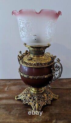 Antique Bradley Hubbard Vintage Oil Electric B&H Parlor Lamp Light Glass Shade