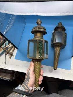 Antique Brass Coach Lanterns Pair Green Glass Panels Carriage Lights c. 1920s