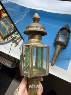 Antique Brass Coach Lanterns Pair Green Glass Panels Carriage Lights c. 1920s