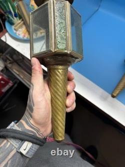 Antique Brass Coach Lanterns Pair Green Glass Panels Carriage Lights c. 1920s