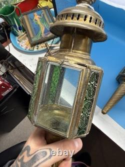 Antique Brass Coach Lanterns Pair Green Glass Panels Carriage Lights c. 1920s