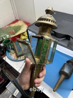 Antique Brass Coach Lanterns Pair Green Glass Panels Carriage Lights c. 1920s
