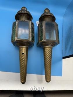 Antique Brass Coach Lanterns Pair Green Glass Panels Carriage Lights c. 1920s