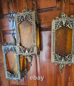 Antique Brass Hanging Lanterns with Textured Panels