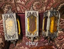 Antique Brass Hanging Lanterns with Textured Panels