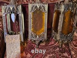 Antique Brass Hanging Lanterns with Textured Panels