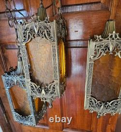 Antique Brass Hanging Lanterns with Textured Panels