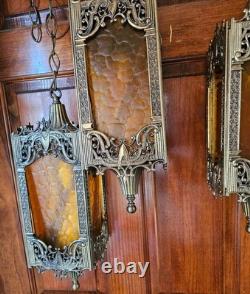 Antique Brass Hanging Lanterns with Textured Panels