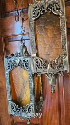 Antique Brass Hanging Lanterns with Textured Panels