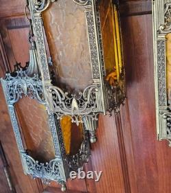 Antique Brass Hanging Lanterns with Textured Panels