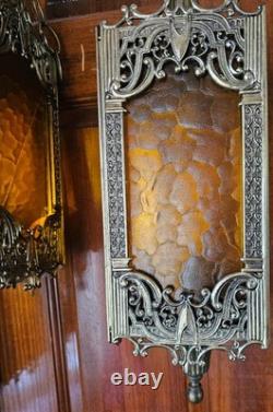 Antique Brass Hanging Lanterns with Textured Panels