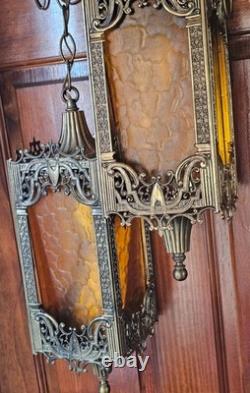Antique Brass Hanging Lanterns with Textured Panels
