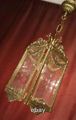 Antique Brass Lantern Solid Ceiling One Lamp Chandelier Cut Glass Ø 9