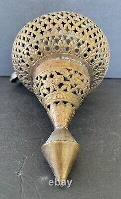 Antique Brass Moroccan Hanging Lantern Pierced Filigree Chains Patina Candle 17
