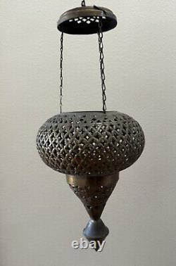 Antique Brass Moroccan Hanging Lantern Pierced Filigree Chains Patina Candle 17