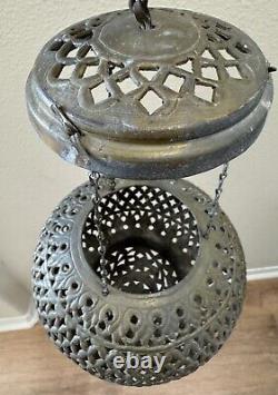 Antique Brass Moroccan Hanging Lantern Pierced Filigree Chains Patina Candle 17