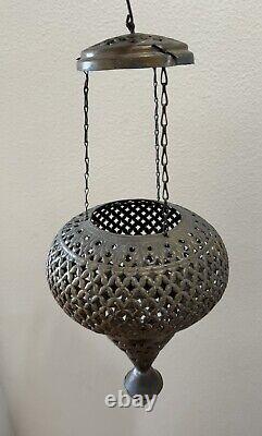 Antique Brass Moroccan Hanging Lantern Pierced Filigree Chains Patina Candle 17
