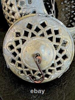 Antique Brass Moroccan Hanging Lantern Pierced Filigree Chains Patina Candle 17