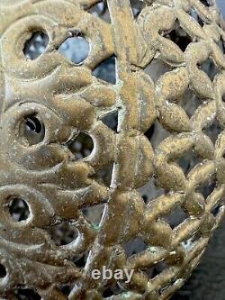 Antique Brass Moroccan Hanging Lantern Pierced Filigree Chains Patina Candle 17