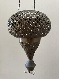 Antique Brass Moroccan Hanging Lantern Pierced Filigree Chains Patina Candle 17