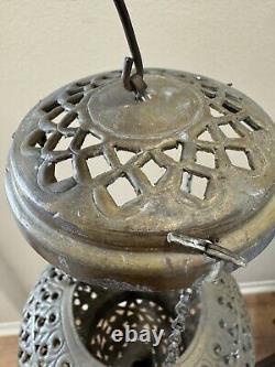 Antique Brass Moroccan Hanging Lantern Pierced Filigree Chains Patina Candle 17