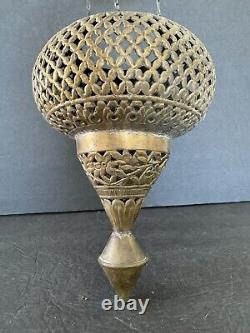 Antique Brass Moroccan Hanging Lantern Pierced Filigree Chains Patina Candle 17