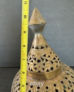 Antique Brass Moroccan Hanging Lantern Pierced Filigree Chains Patina Candle 17