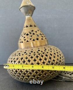 Antique Brass Moroccan Hanging Lantern Pierced Filigree Chains Patina Candle 17