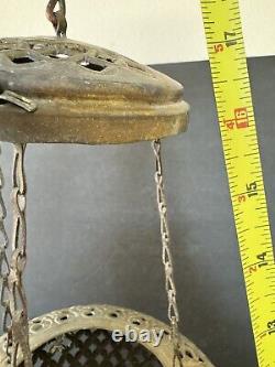 Antique Brass Moroccan Hanging Lantern Pierced Filigree Chains Patina Candle 17