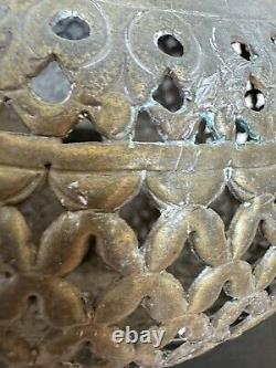Antique Brass Moroccan Hanging Lantern Pierced Filigree Chains Patina Candle 17