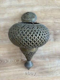 Antique Brass Moroccan Hanging Lantern Pierced Filigree Chains Patina Candle 17