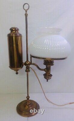 Antique Brass Oil Student Desk Lamp Kleemann Burner Milk Glass Electrified