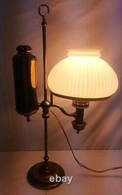 Antique Brass Oil Student Desk Lamp Kleemann Burner Milk Glass Electrified