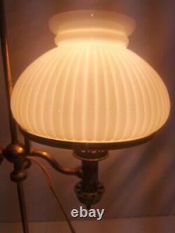 Antique Brass Oil Student Desk Lamp Kleemann Burner Milk Glass Electrified