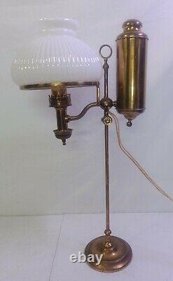 Antique Brass Oil Student Desk Lamp Kleemann Burner Milk Glass Electrified